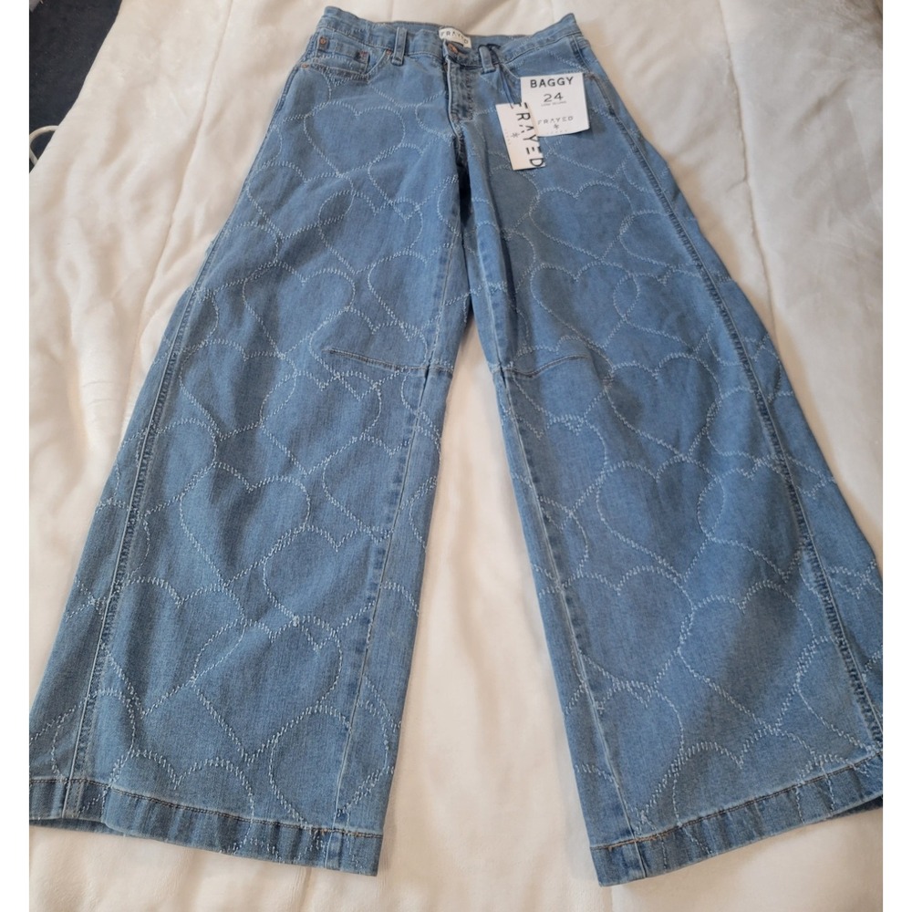 Frayed Women Heart Design Baggy Wide Leg Jeans Blue Size 24 Coquette McBling
